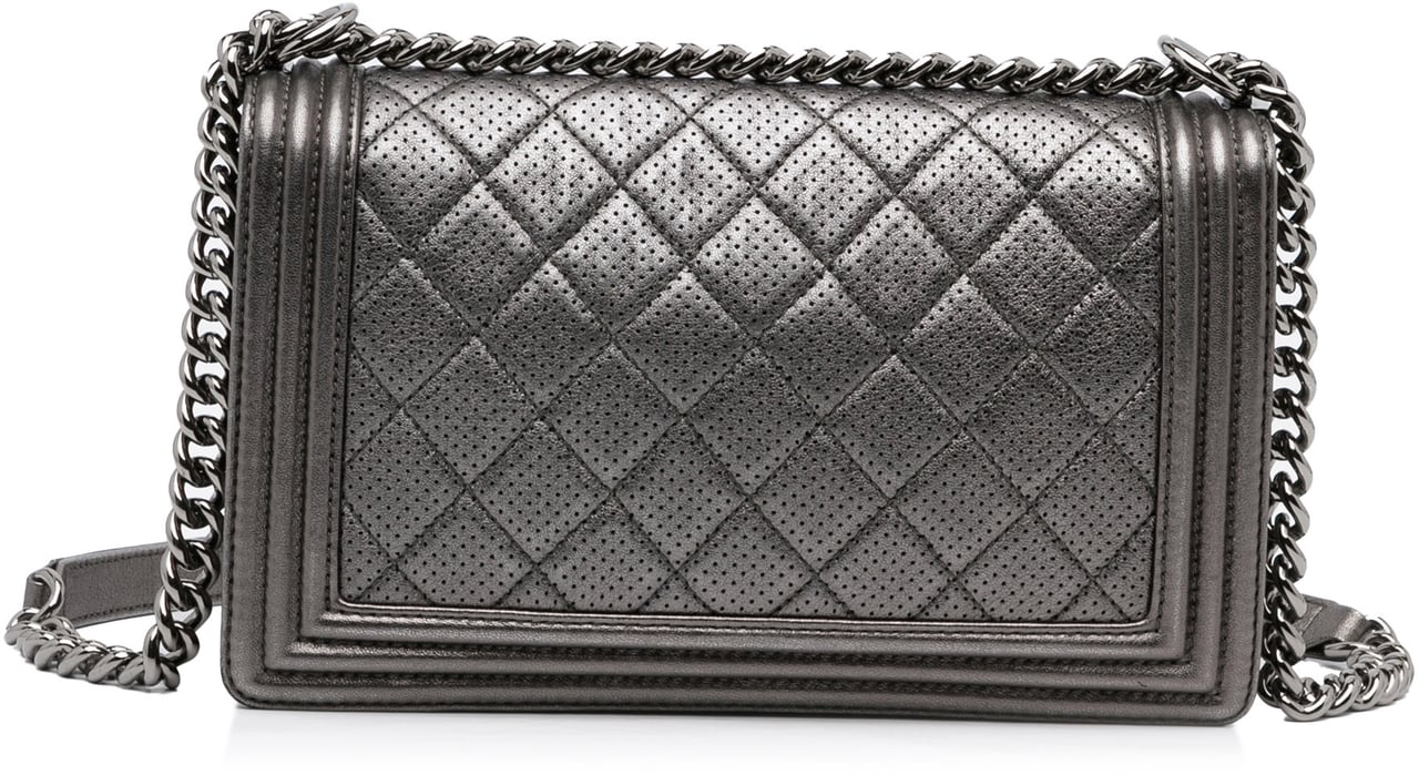 Chanel Medium Quilted Perforated Metallic Lambskin Boy Flap Grijs