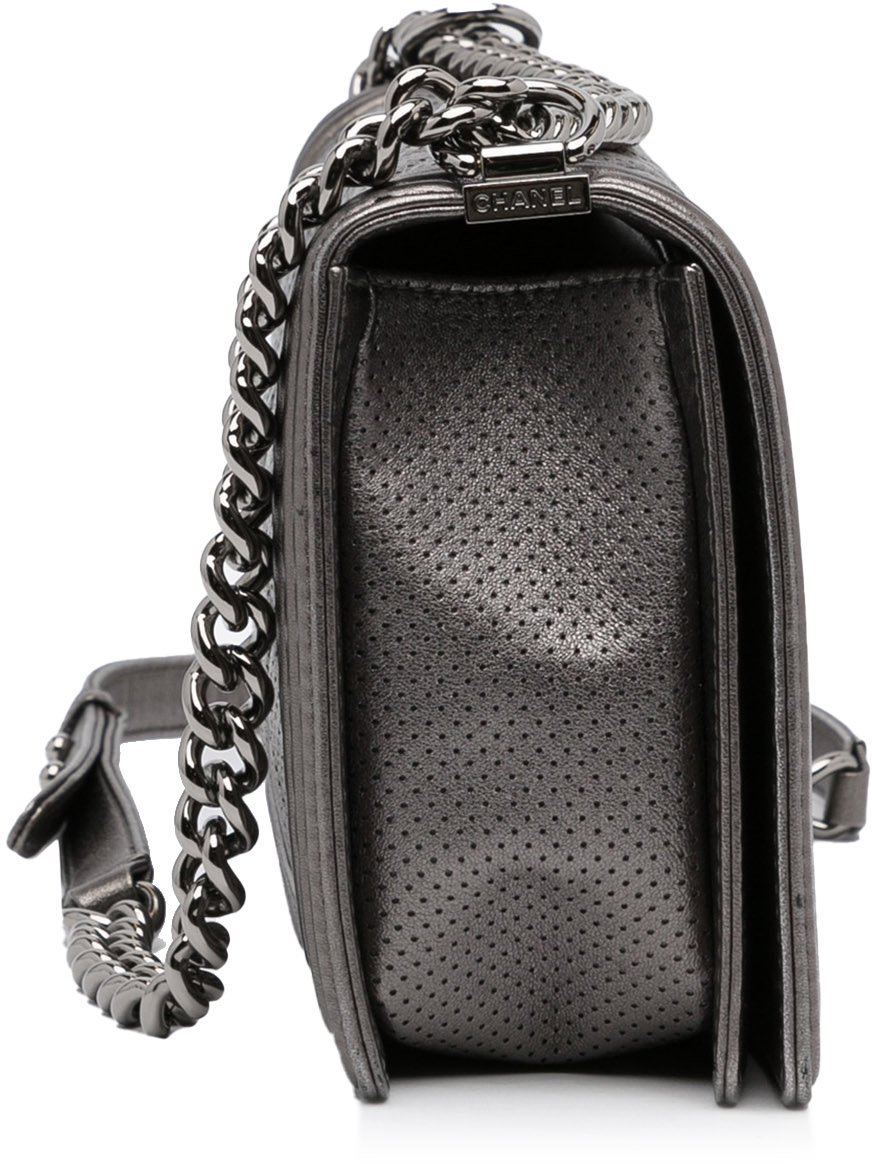 Chanel Medium Quilted Perforated Metallic Lambskin Boy Flap Grijs