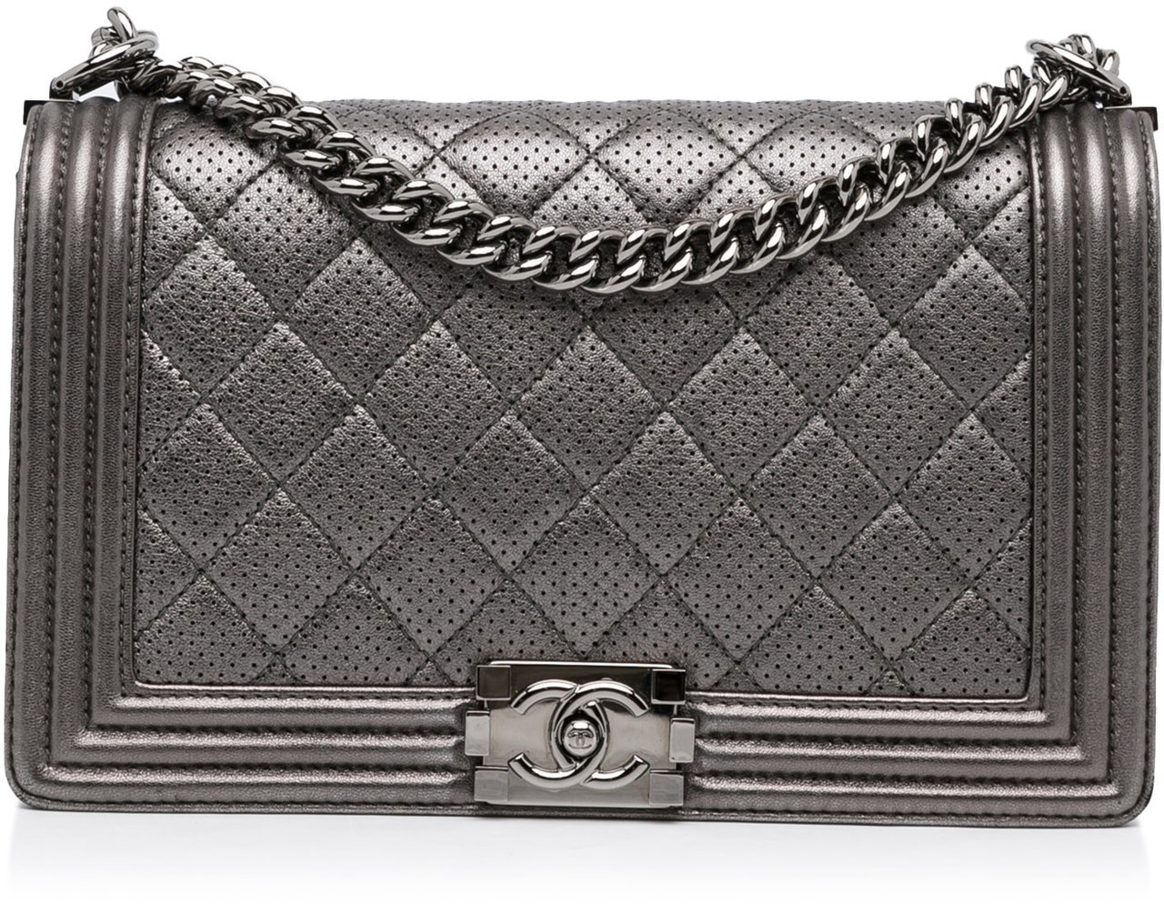 Chanel Medium Quilted Perforated Metallic Lambskin Boy Flap Grijs