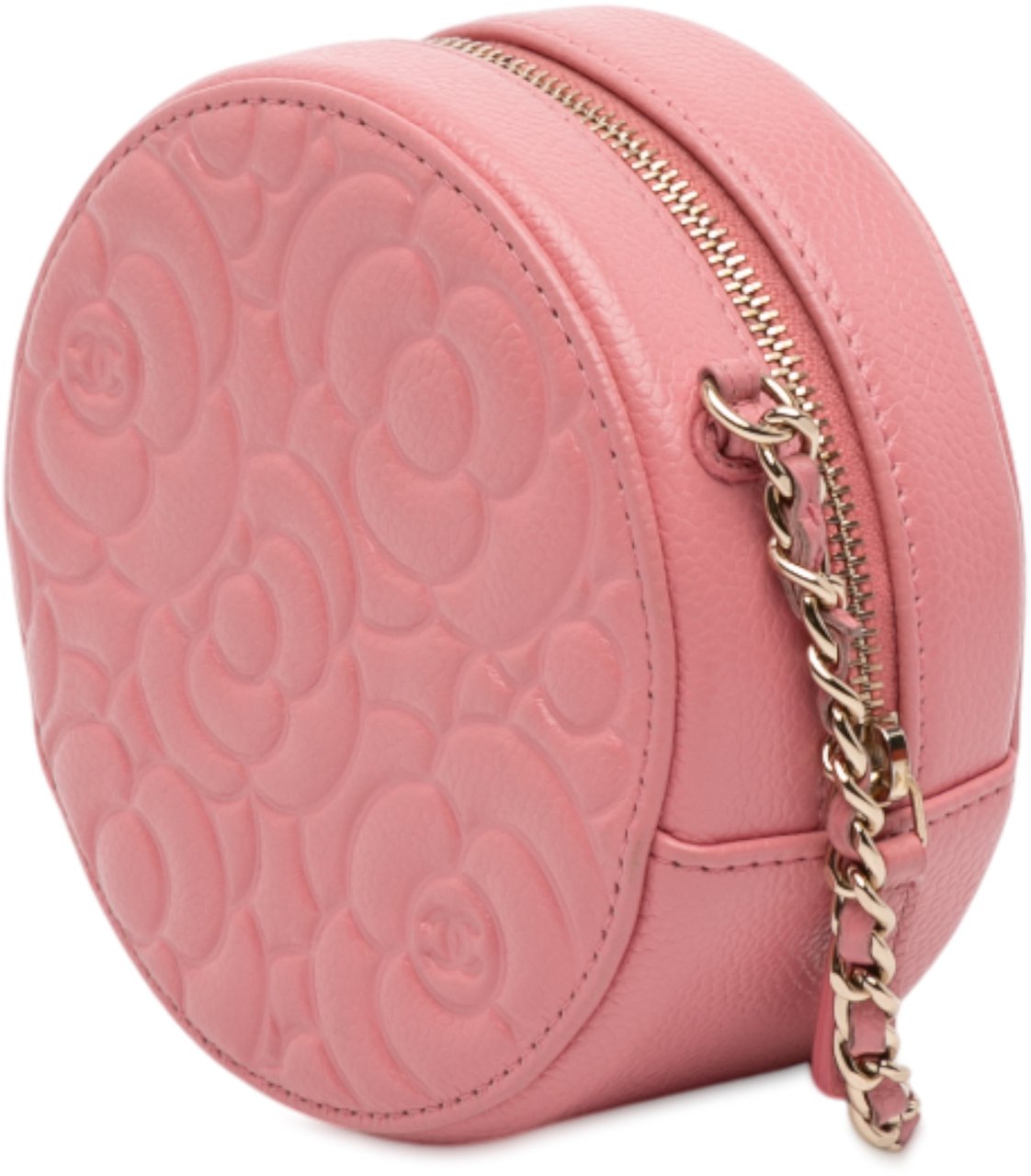 Chanel CC Embossed Caviar Camellia Round Clutch With Chain Roze