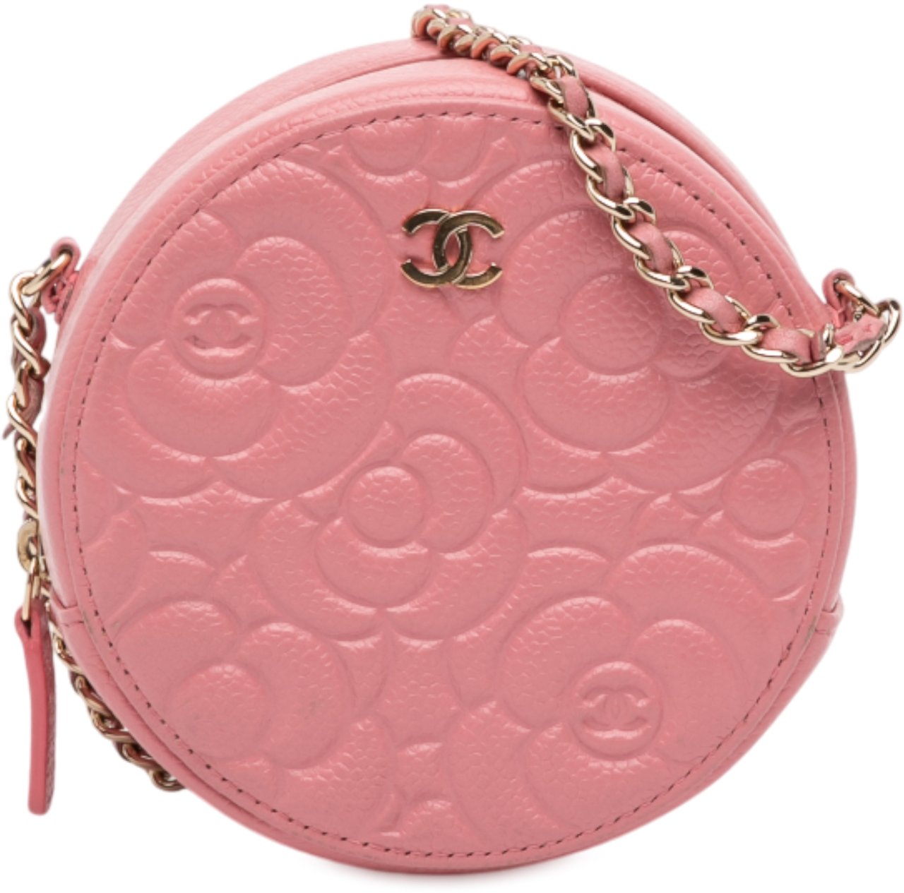 Chanel CC Embossed Caviar Camellia Round Clutch With Chain Roze