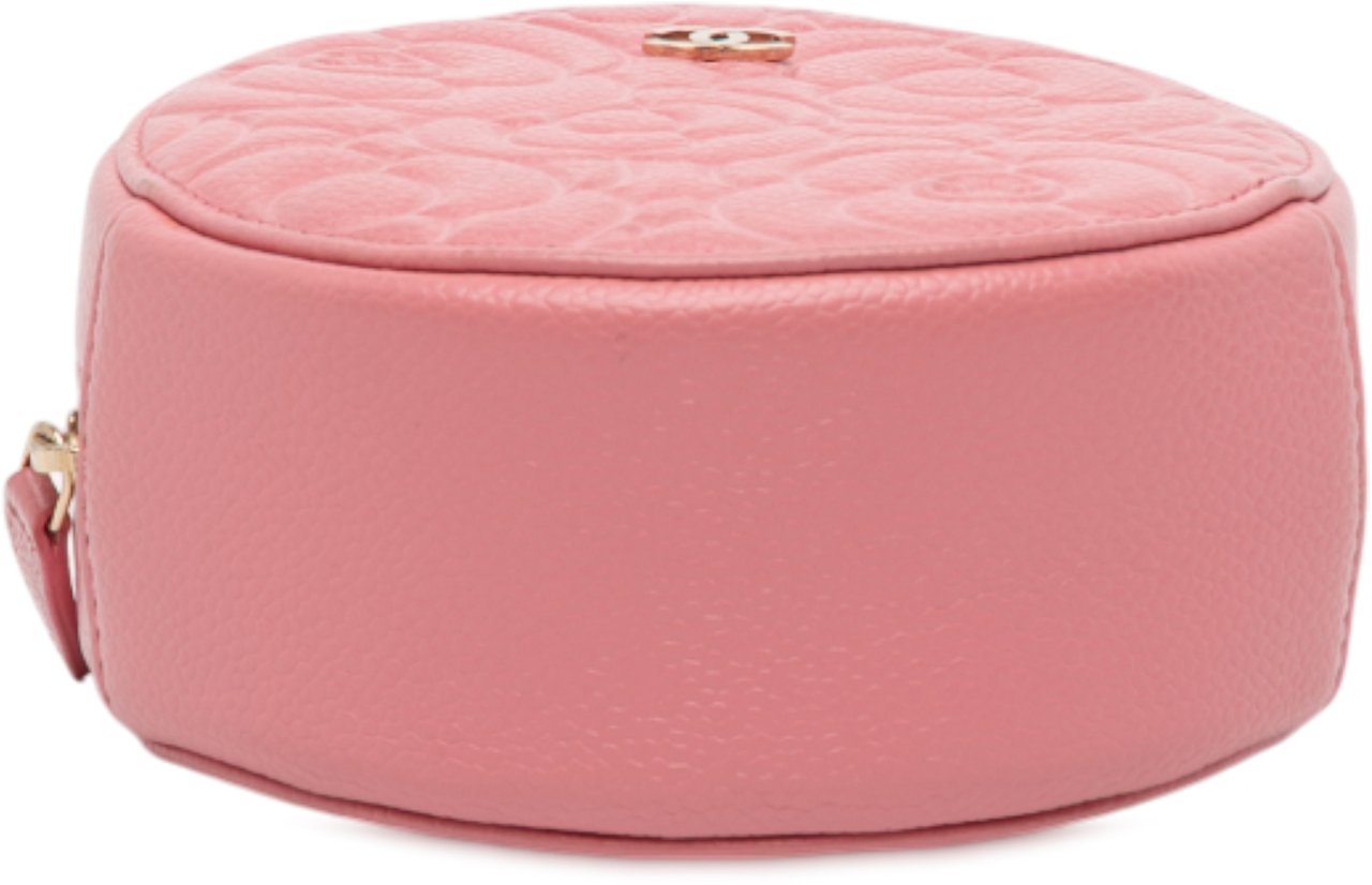 Chanel CC Embossed Caviar Camellia Round Clutch With Chain Roze