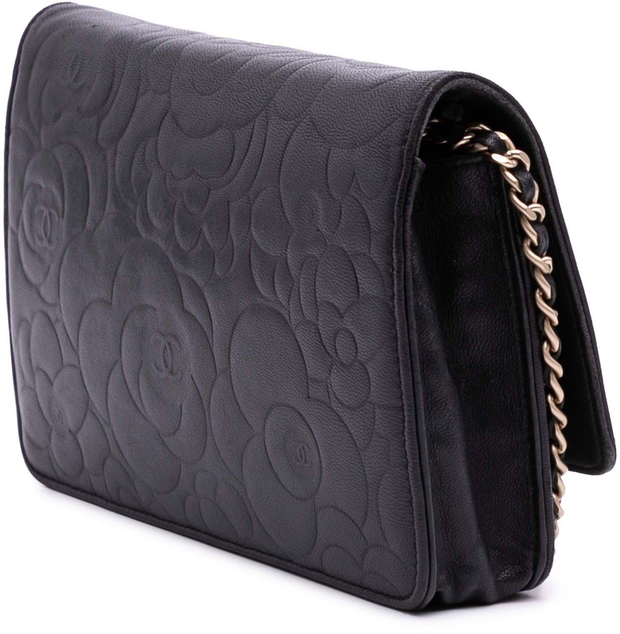 Chanel Camellia Embossed Lambskin Wallet On Chain Zwart