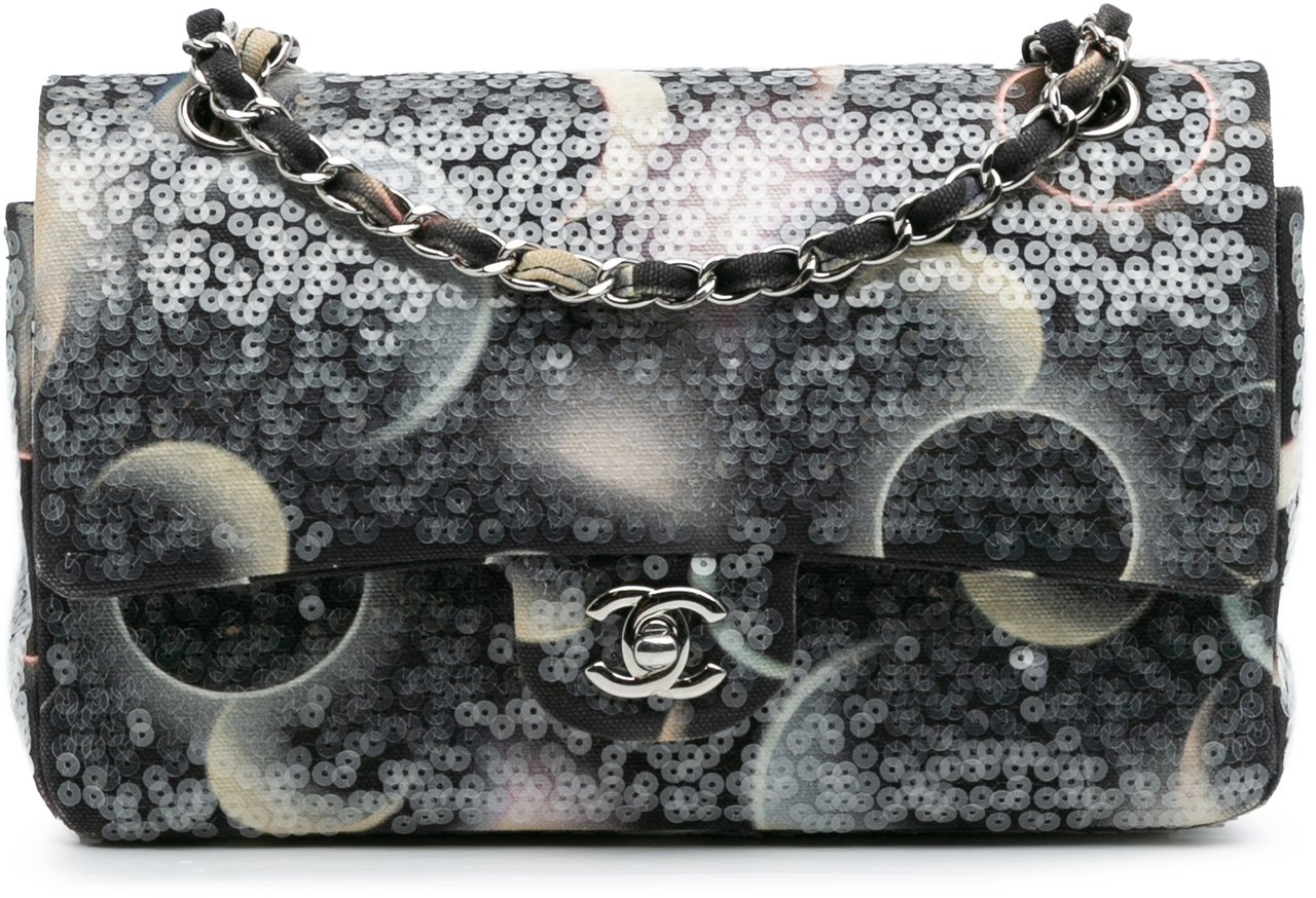 Chanel Medium Classic Canvas Sequin Moon Double Flap Zwart