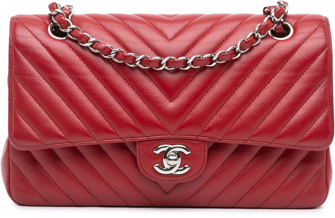 Chanel Medium Classic Chevron Caviar Double Flap Rood