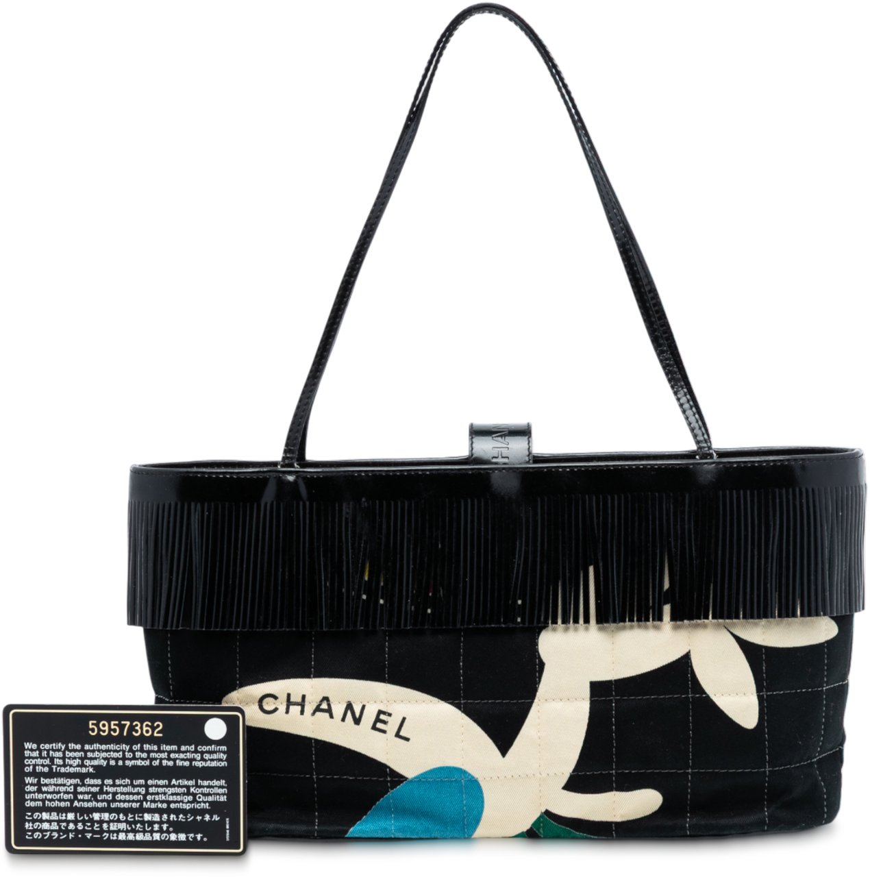 Chanel Chocolate Bar Printed Canvas Fringe Handbag Zwart