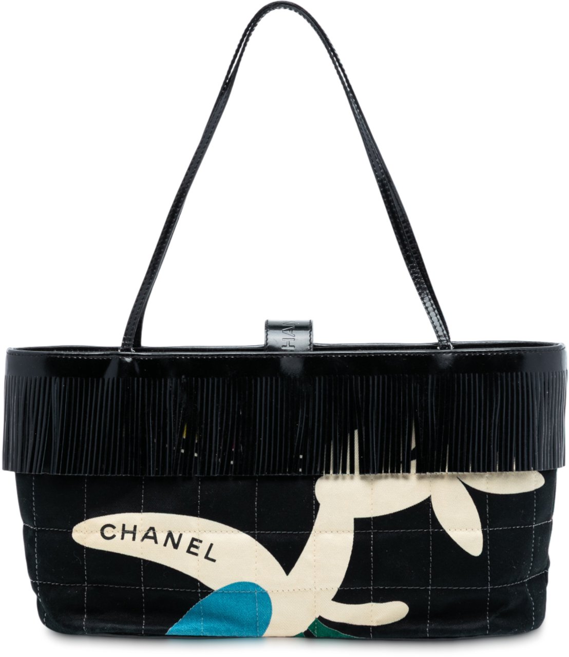 Chanel Chocolate Bar Printed Canvas Fringe Handbag Zwart