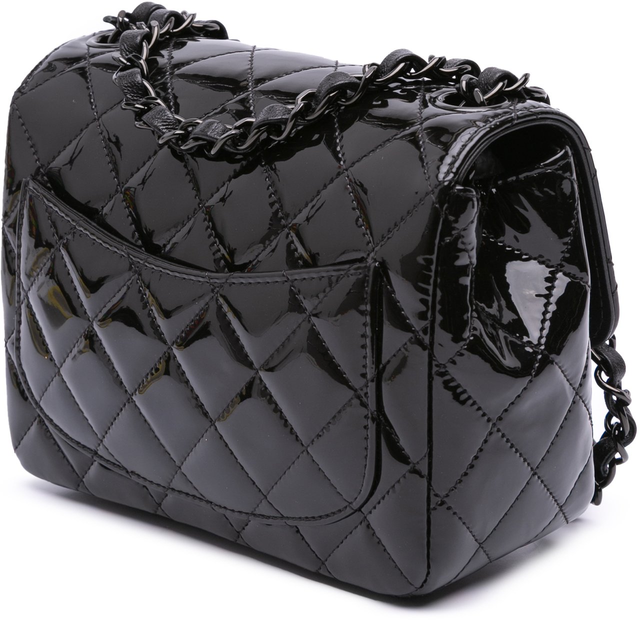 Chanel Mini Square Classic Patent So Black Single Flap Zwart