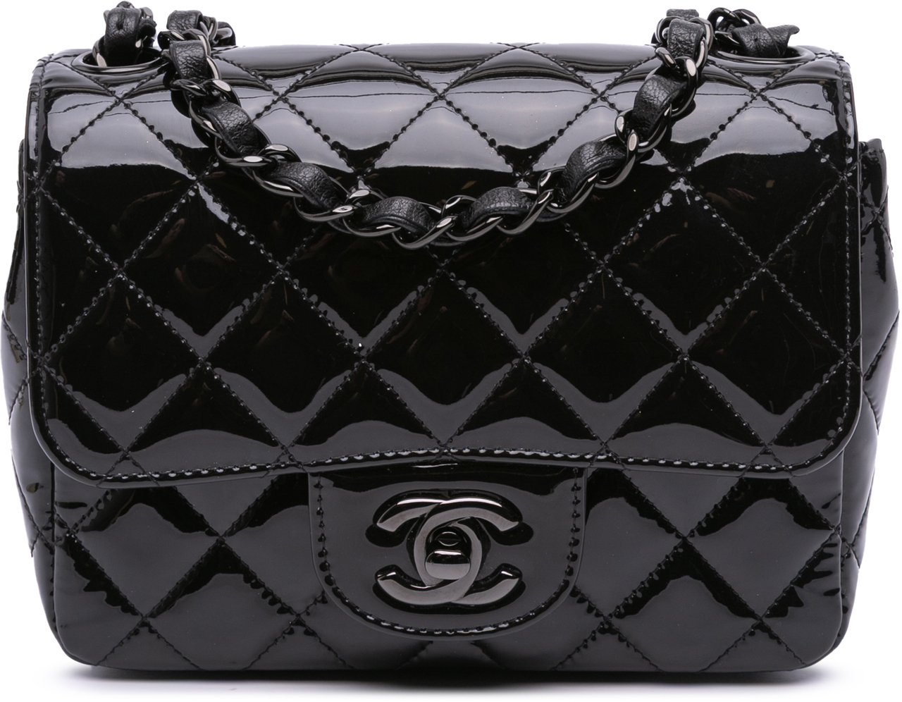 Chanel Mini Square Classic Patent So Black Single Flap Zwart