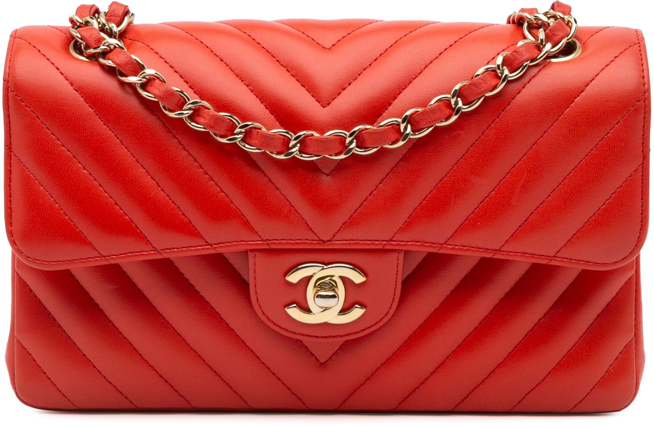 Chanel Small Classic Chevron Lambskin Double Flap Oranje