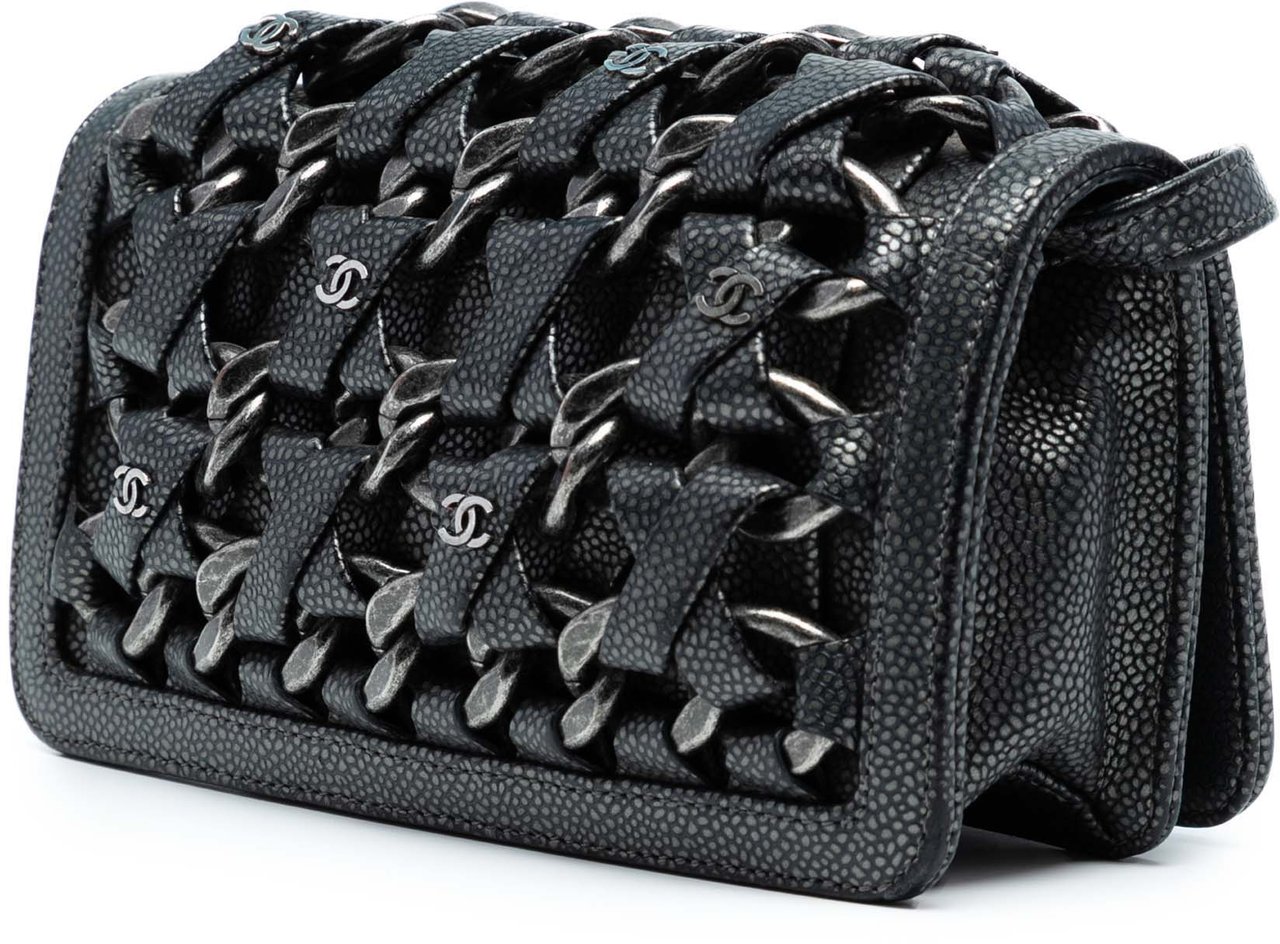 Chanel CC Metallic Caviar Interlaced Chain Clutch on Strap Zwart