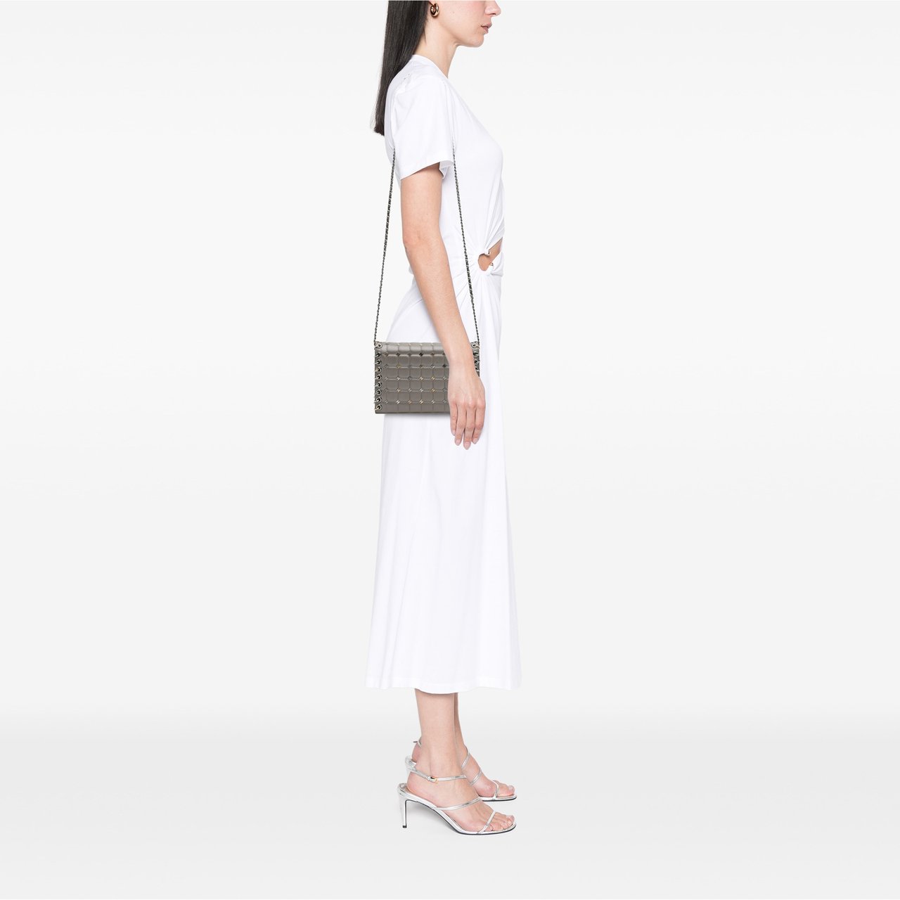 Chanel Small Lambskin Chocolate Bar CC Piercing Studded Chain Flap Grijs