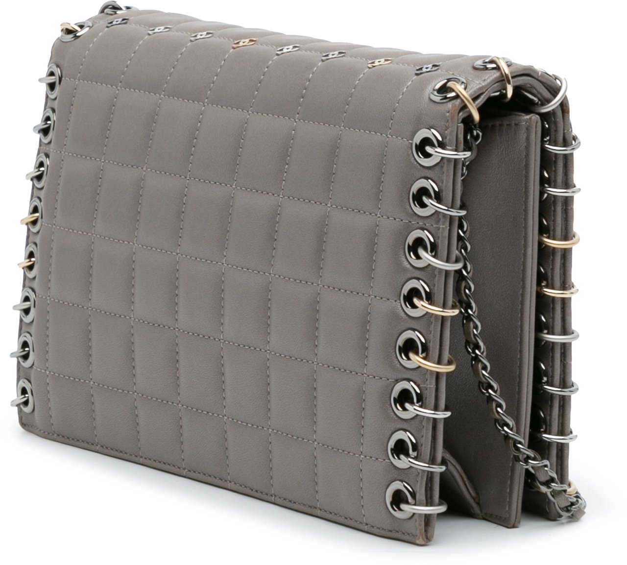 Chanel Small Lambskin Chocolate Bar CC Piercing Studded Chain Flap Grijs