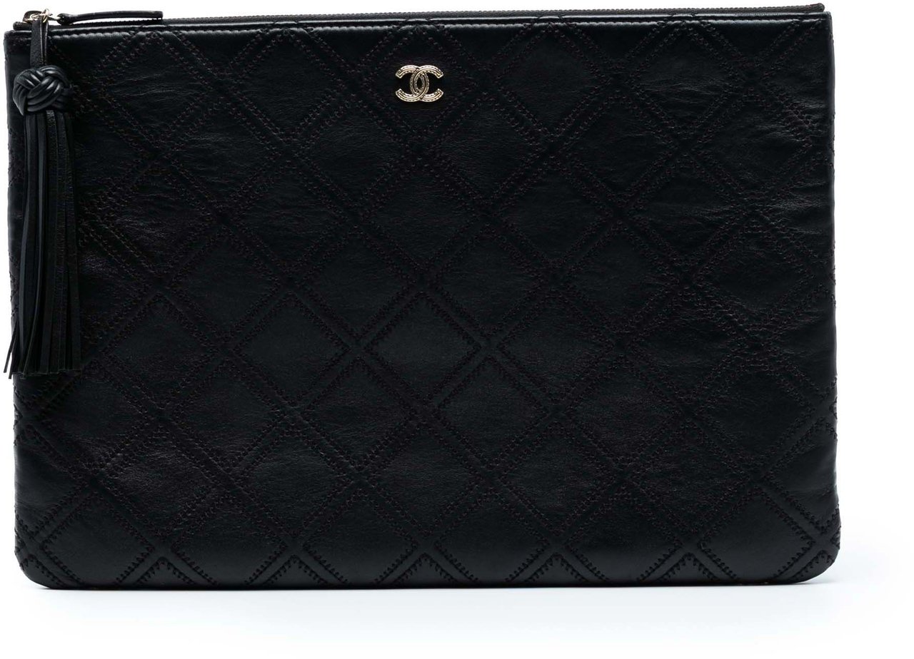 Chanel Large Quilted Lambskin Double Stitch Tassel O Case Clutch Zwart