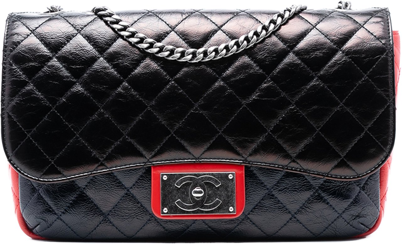 Chanel Large Tricolor Quilted Glazed Calfskin CC Plate Flap Zwart