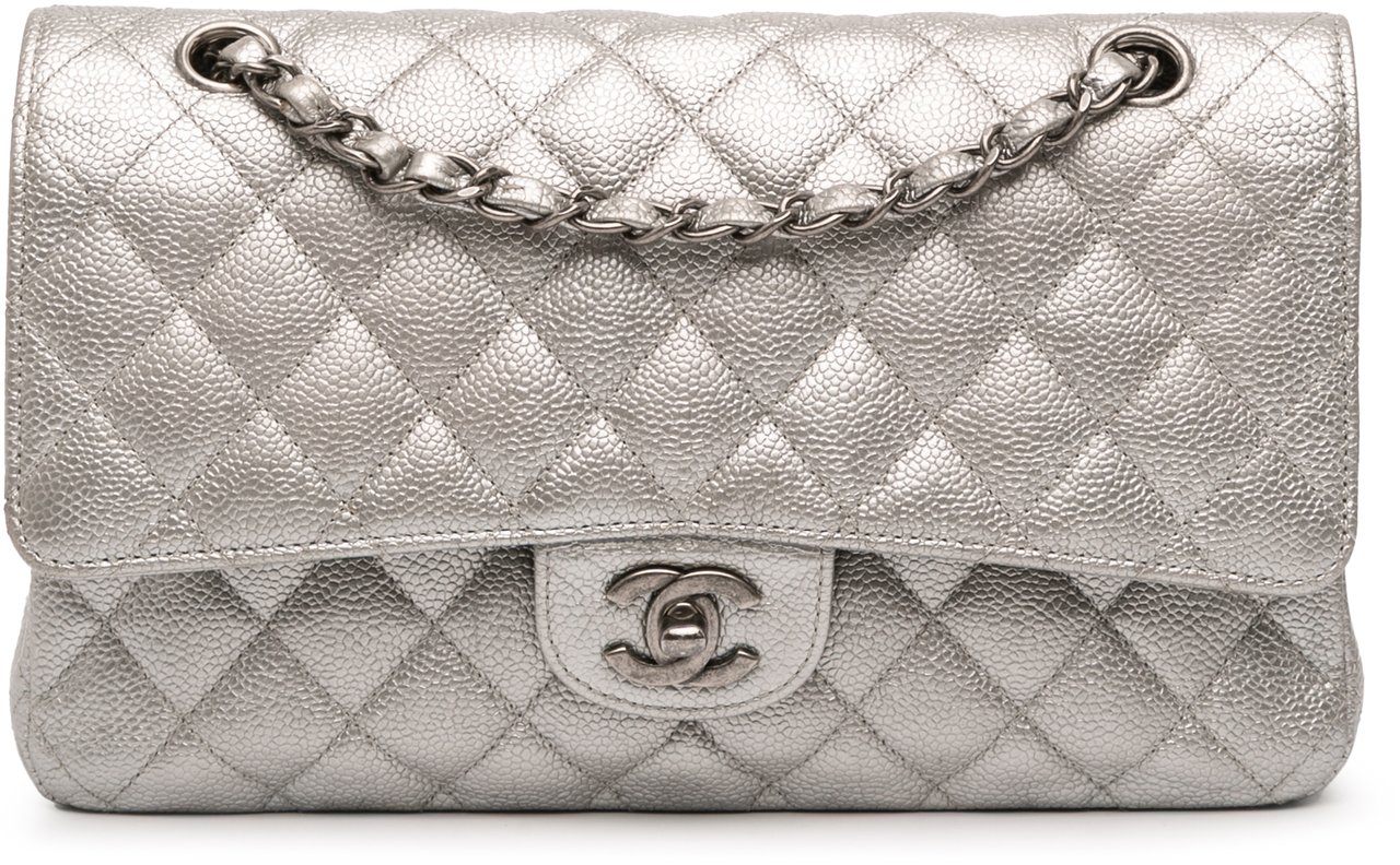 Chanel Medium Classic Iridescent Caviar Double Flap Zilver