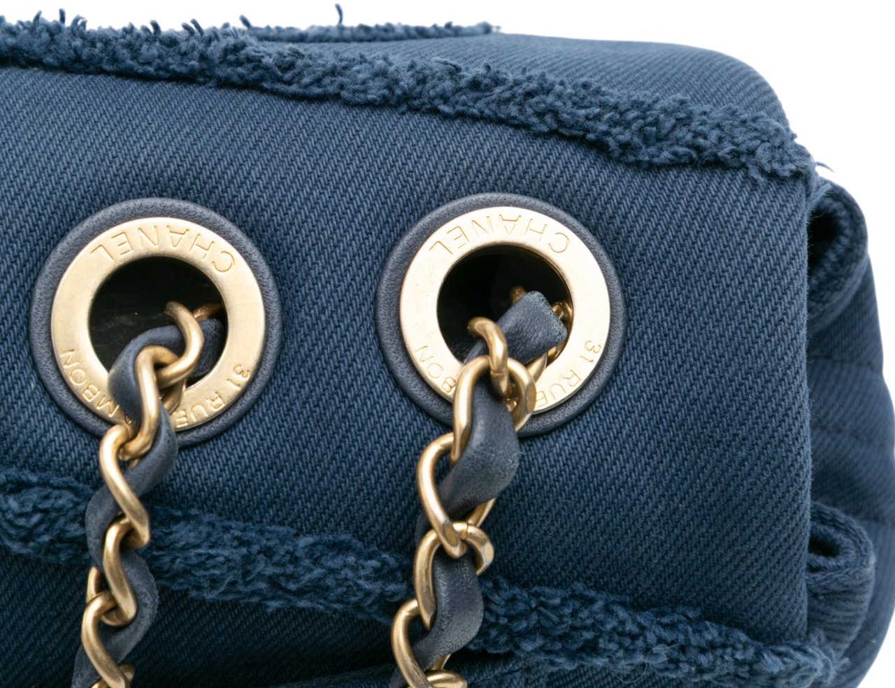 Chanel Jumbo Chevron Denim Fringe Coco Flap Blauw