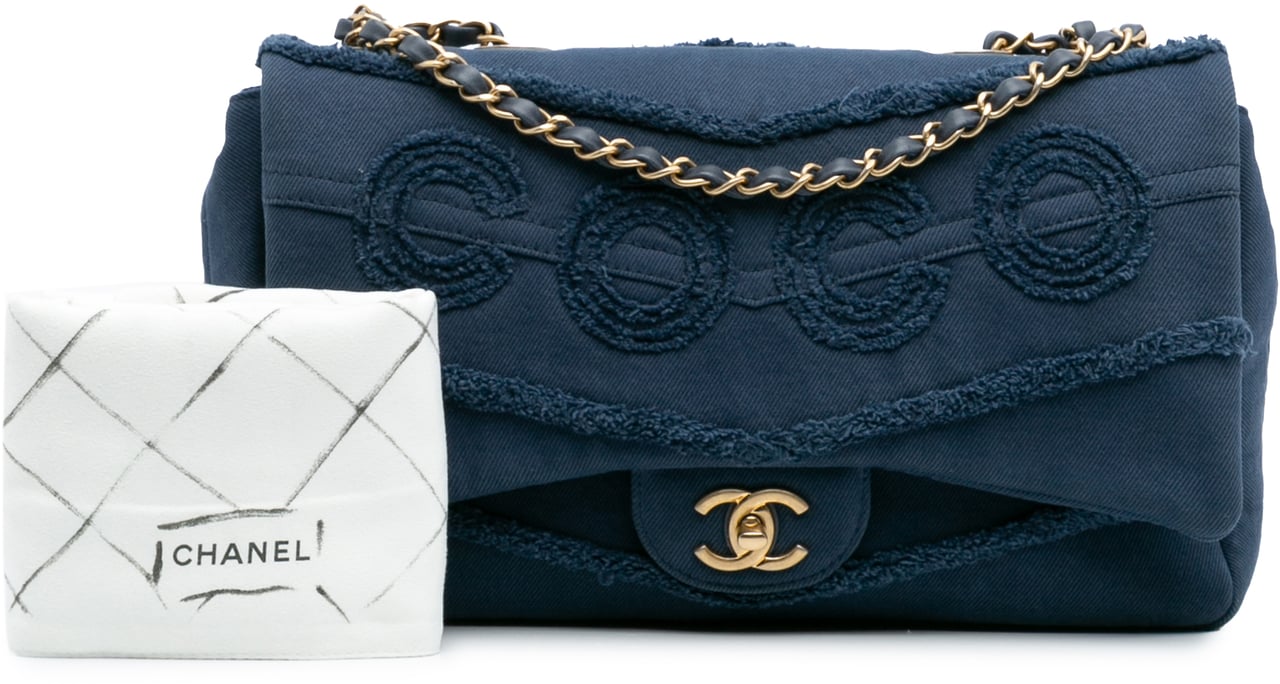 Chanel Jumbo Chevron Denim Fringe Coco Flap Blauw