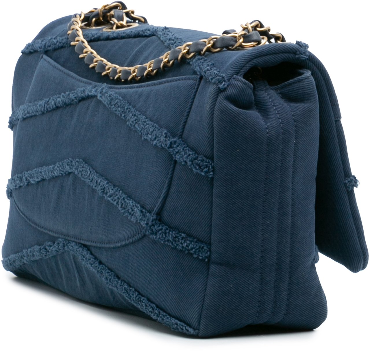 Chanel Jumbo Chevron Denim Fringe Coco Flap Blauw