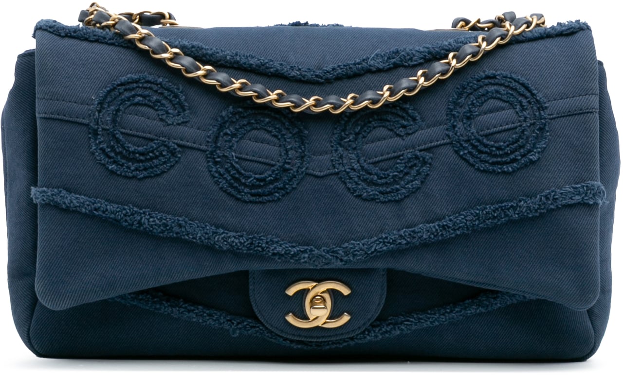 Chanel Jumbo Chevron Denim Fringe Coco Flap Blauw