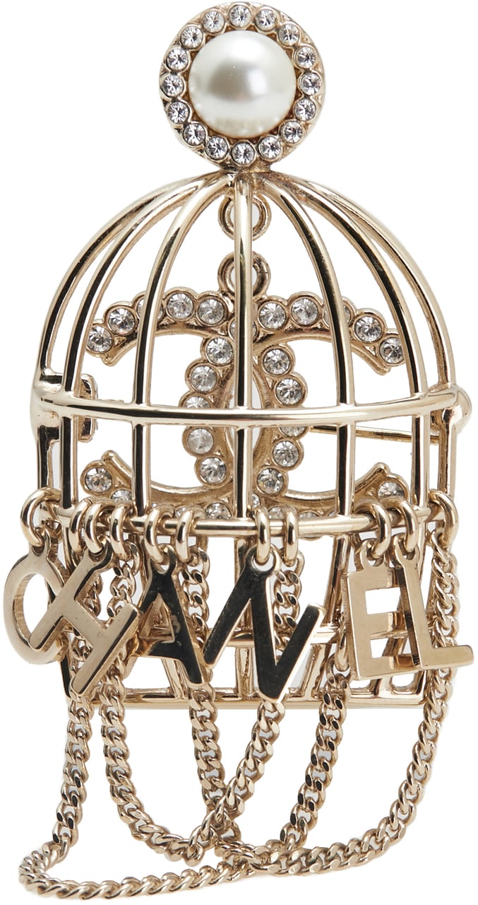 Chanel CC Gold Plated Faux Pearl and Rhinestones Logo Birdcage Brooch Goud
