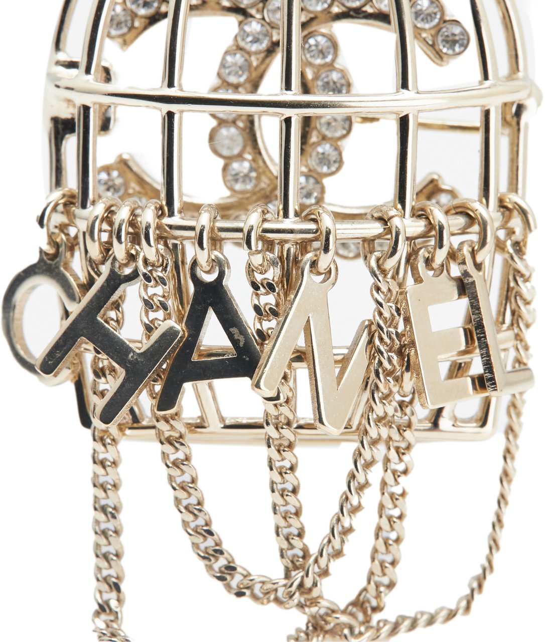 Chanel CC Gold Plated Faux Pearl and Rhinestones Logo Birdcage Brooch Goud