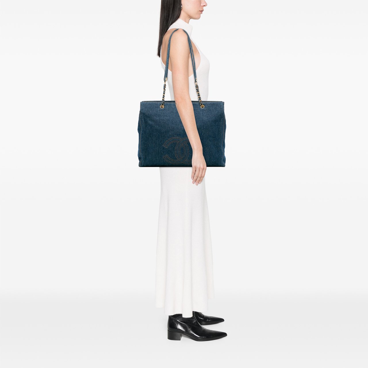 Chanel CC Denim Chain Tote Blauw