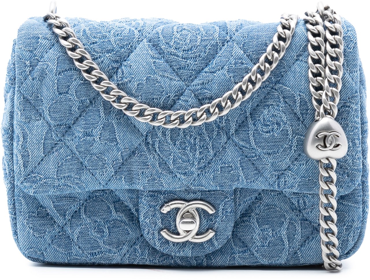 Chanel Mini Quilted Denim Camellia Sweetheart Flap Blauw