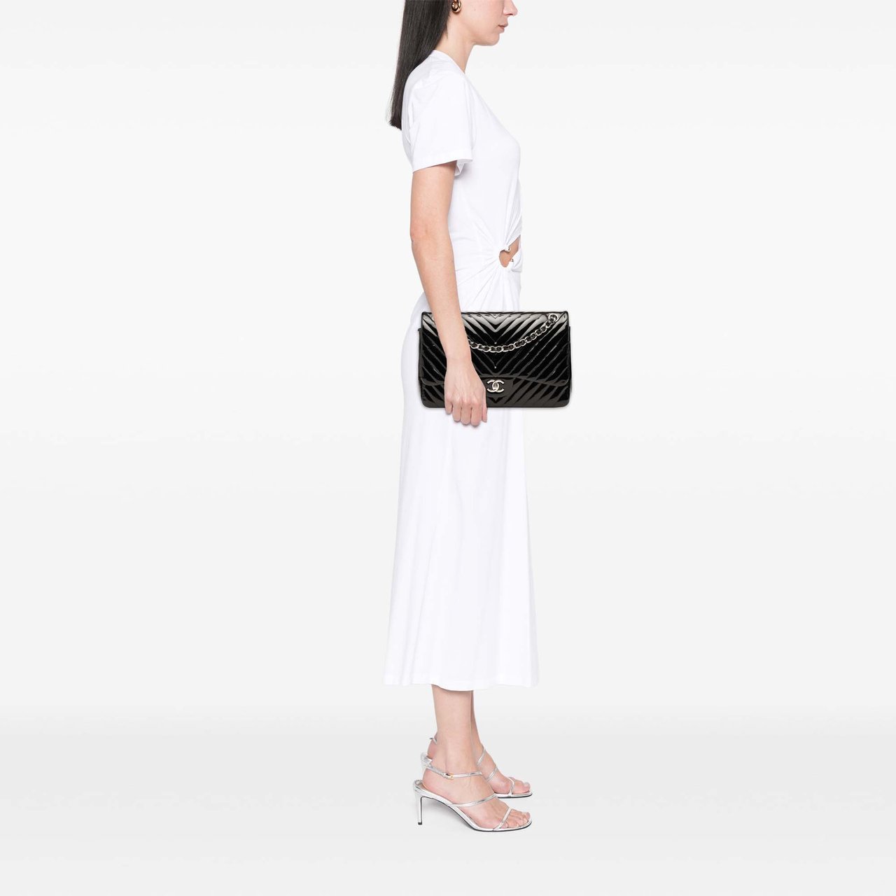 Chanel Jumbo Classic Chevron Patent Double Flap Zwart