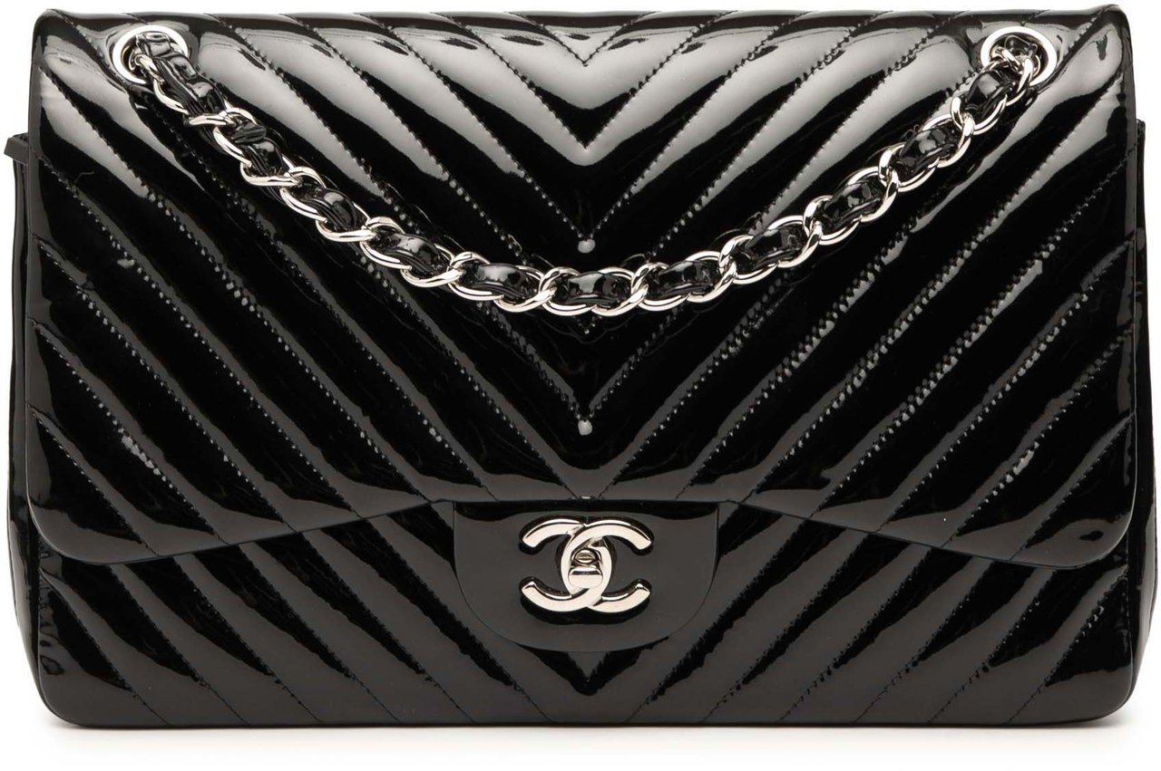 Chanel Jumbo Classic Chevron Patent Double Flap Zwart