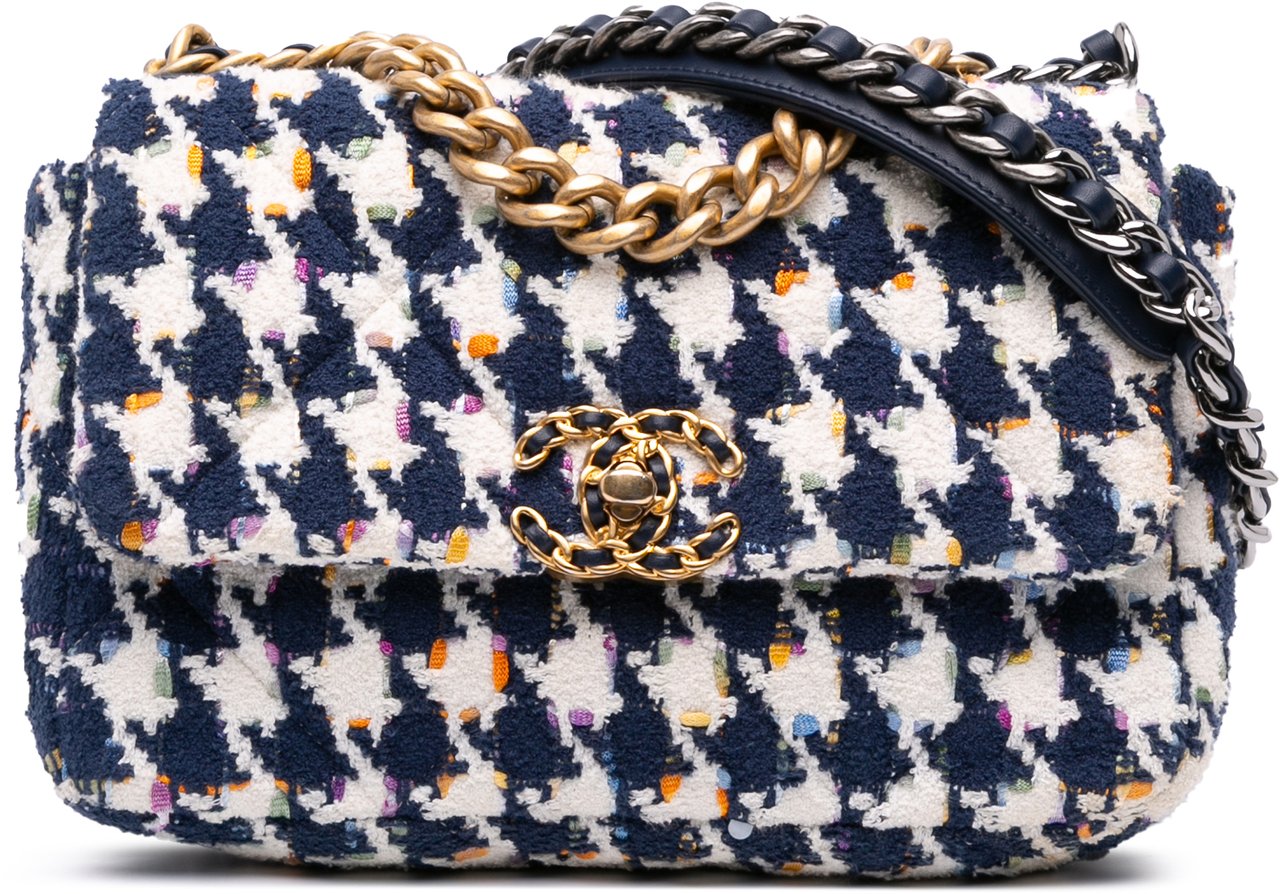 Chanel Medium Houndstooth Tweed 19 Flap Blauw