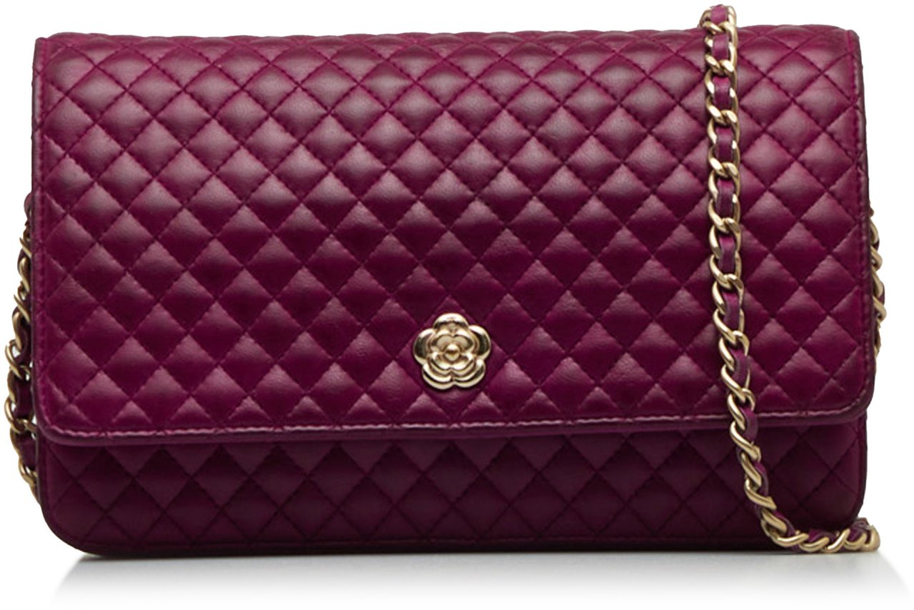 Chanel Quilted Lambskin Camellia Wallet On Chain Paars