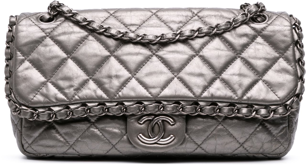 Chanel Medium Quilted Metallic Aged Calfskin Chain Me Flap Grijs