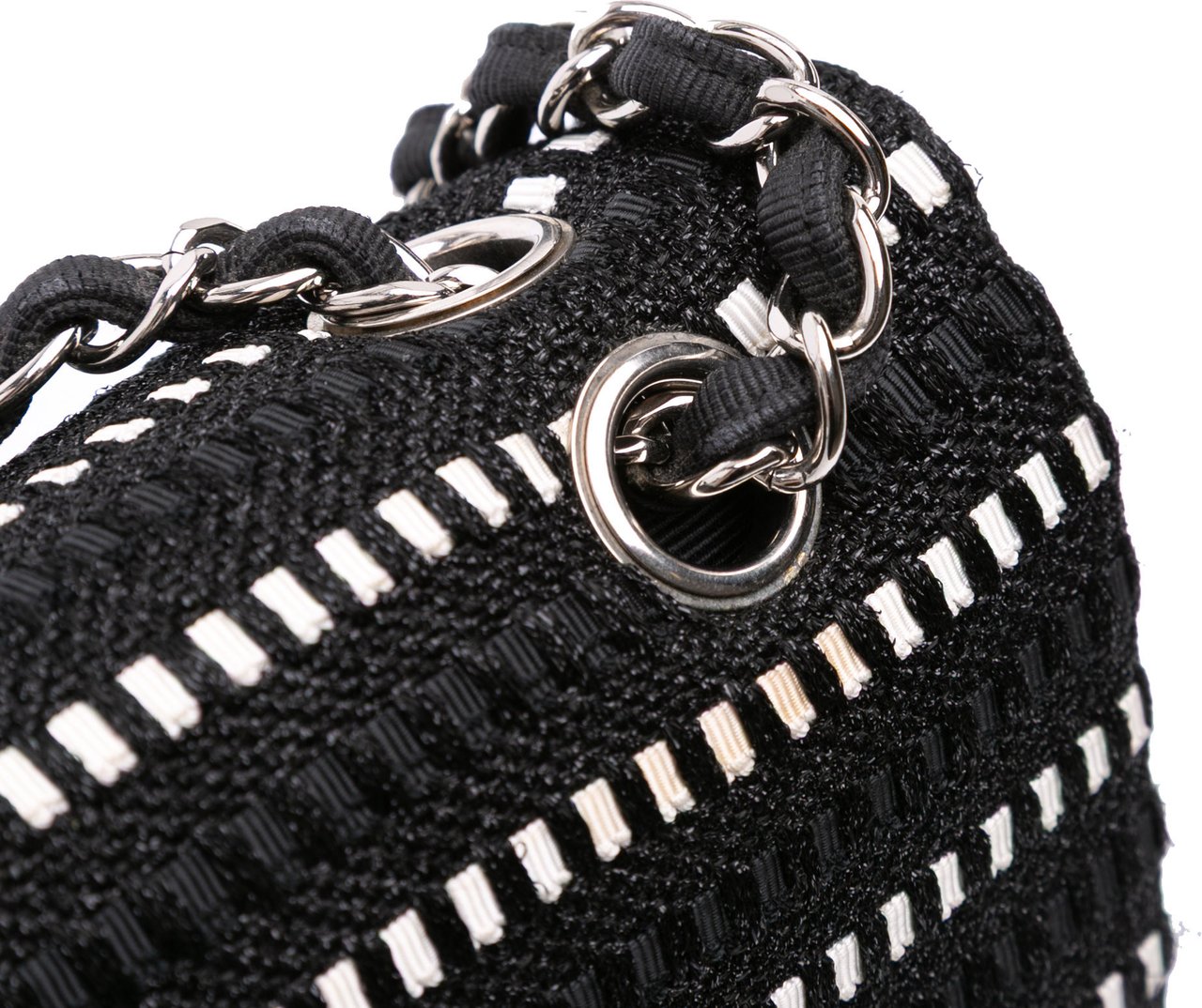 Chanel Medium Classic Tweed Striped Ribbon Double Flap Zwart
