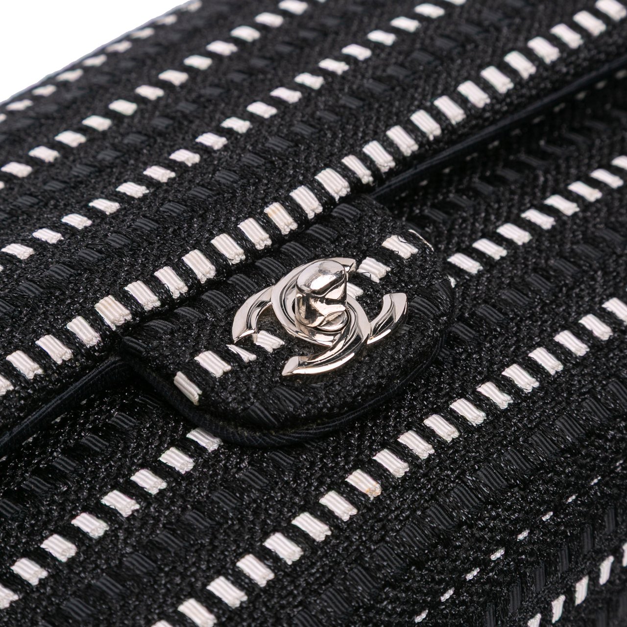 Chanel Medium Classic Tweed Striped Ribbon Double Flap Zwart