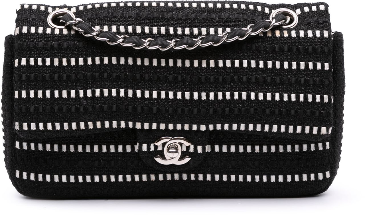 Chanel Medium Classic Tweed Striped Ribbon Double Flap Zwart