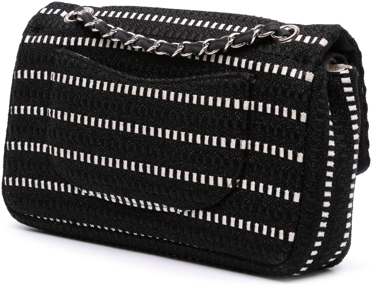 Chanel Medium Classic Tweed Striped Ribbon Double Flap Zwart