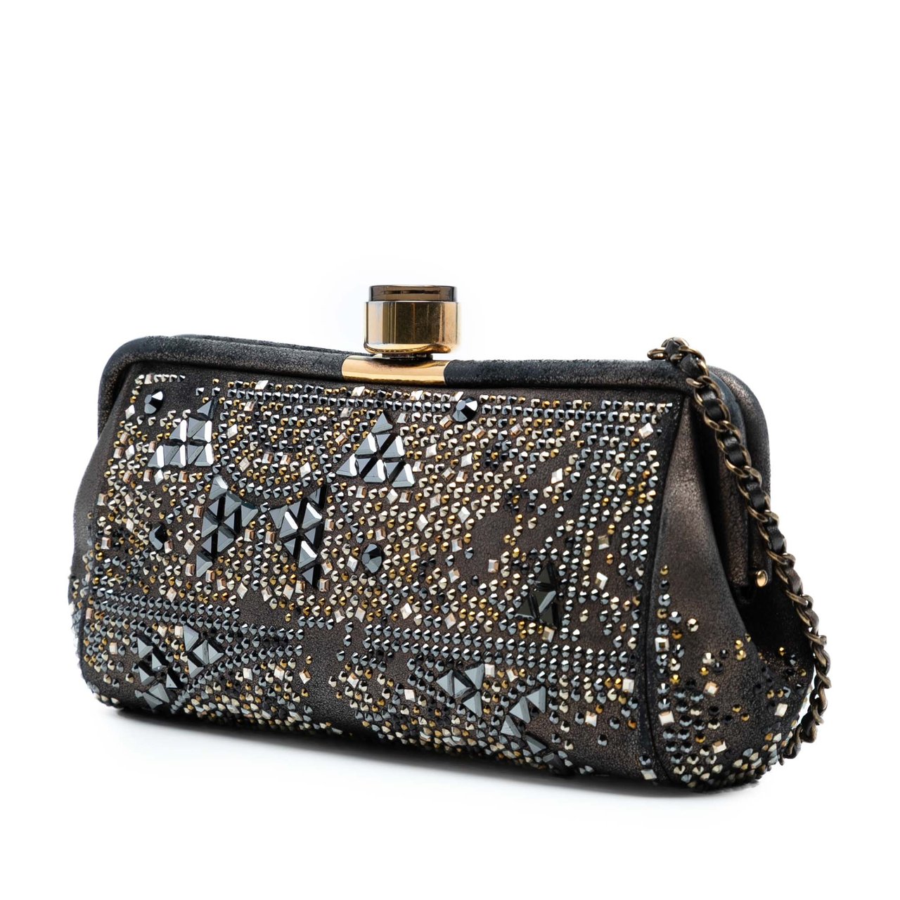Chanel CC Glitter Lambskin Studded Frame Clutch on Chain Zwart