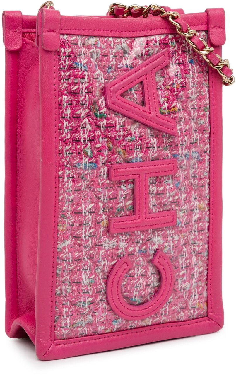 Chanel Tweed and PVC Phone Clutch with Chain Roze