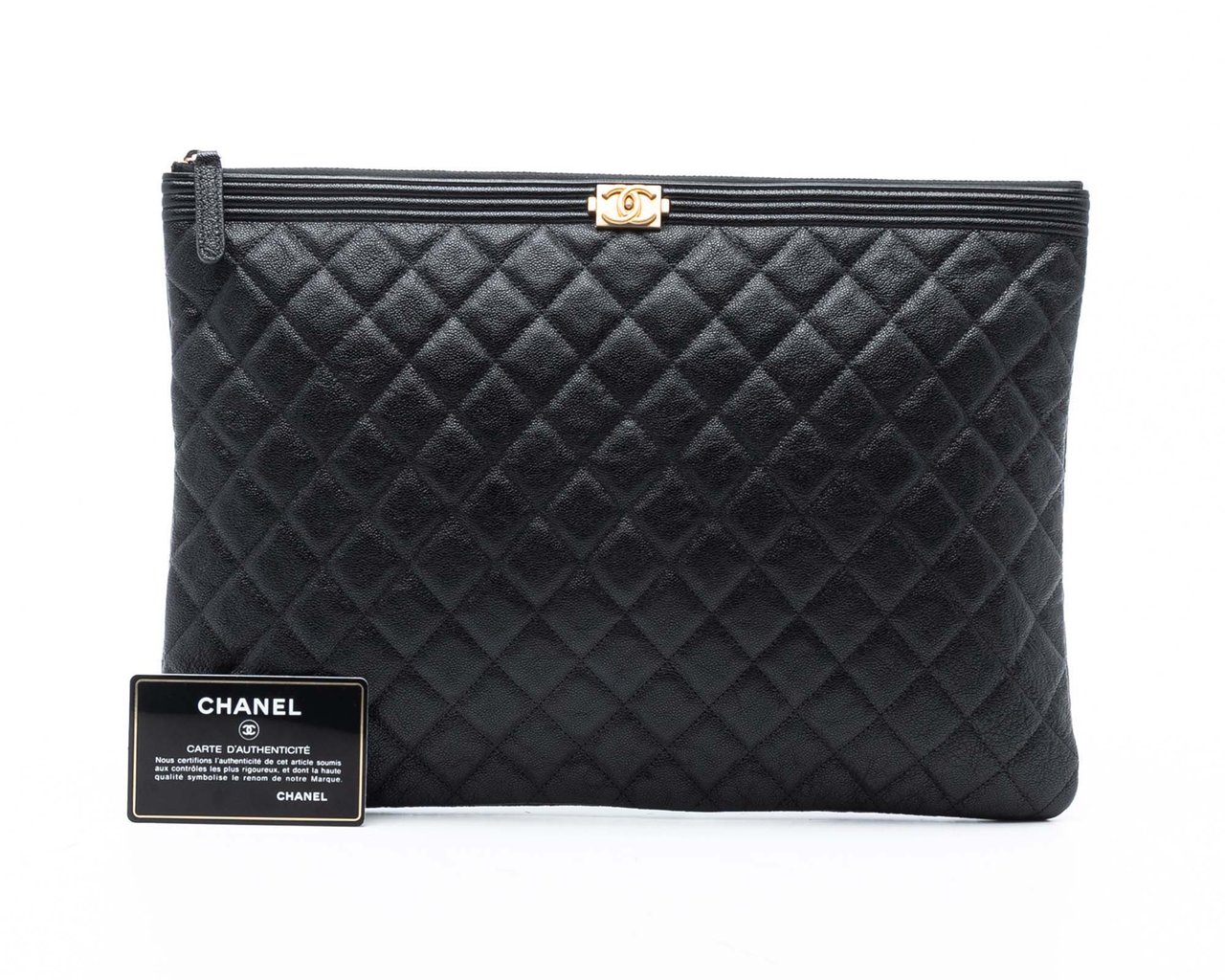 Chanel Large Quilted Caviar Boy O Case Clutch Zwart