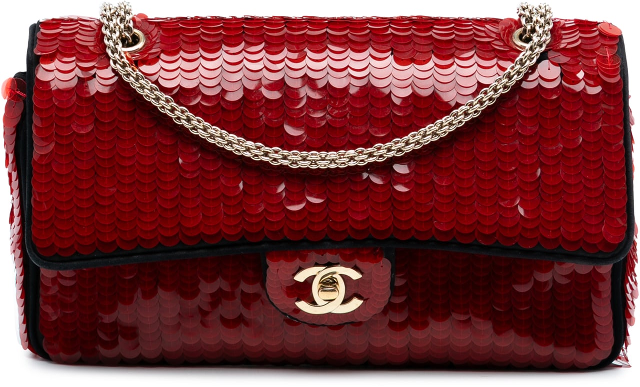 Chanel Paris-Shanghai Medium Satin and Sequins Double Flap Rood