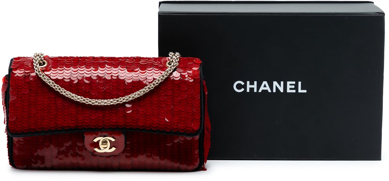 Chanel Paris-Shanghai Medium Satin and Sequins Double Flap Rood