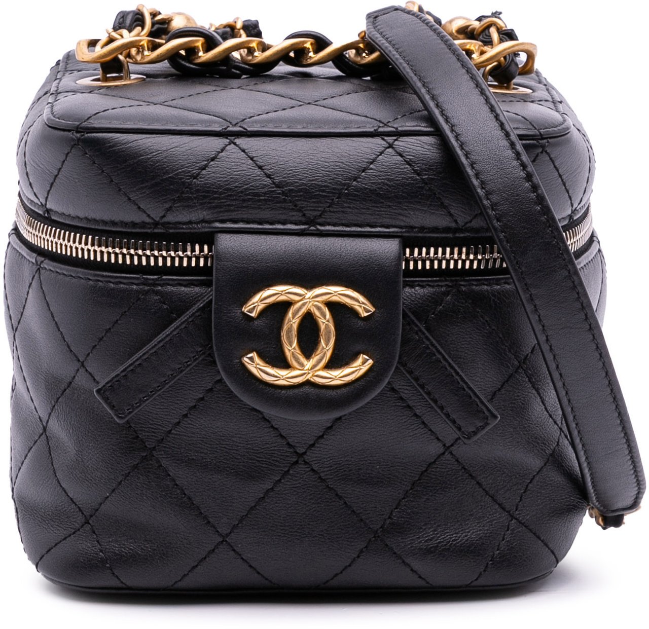 Chanel Small CC Quilted Calfskin Vanity Case with Chain Zwart