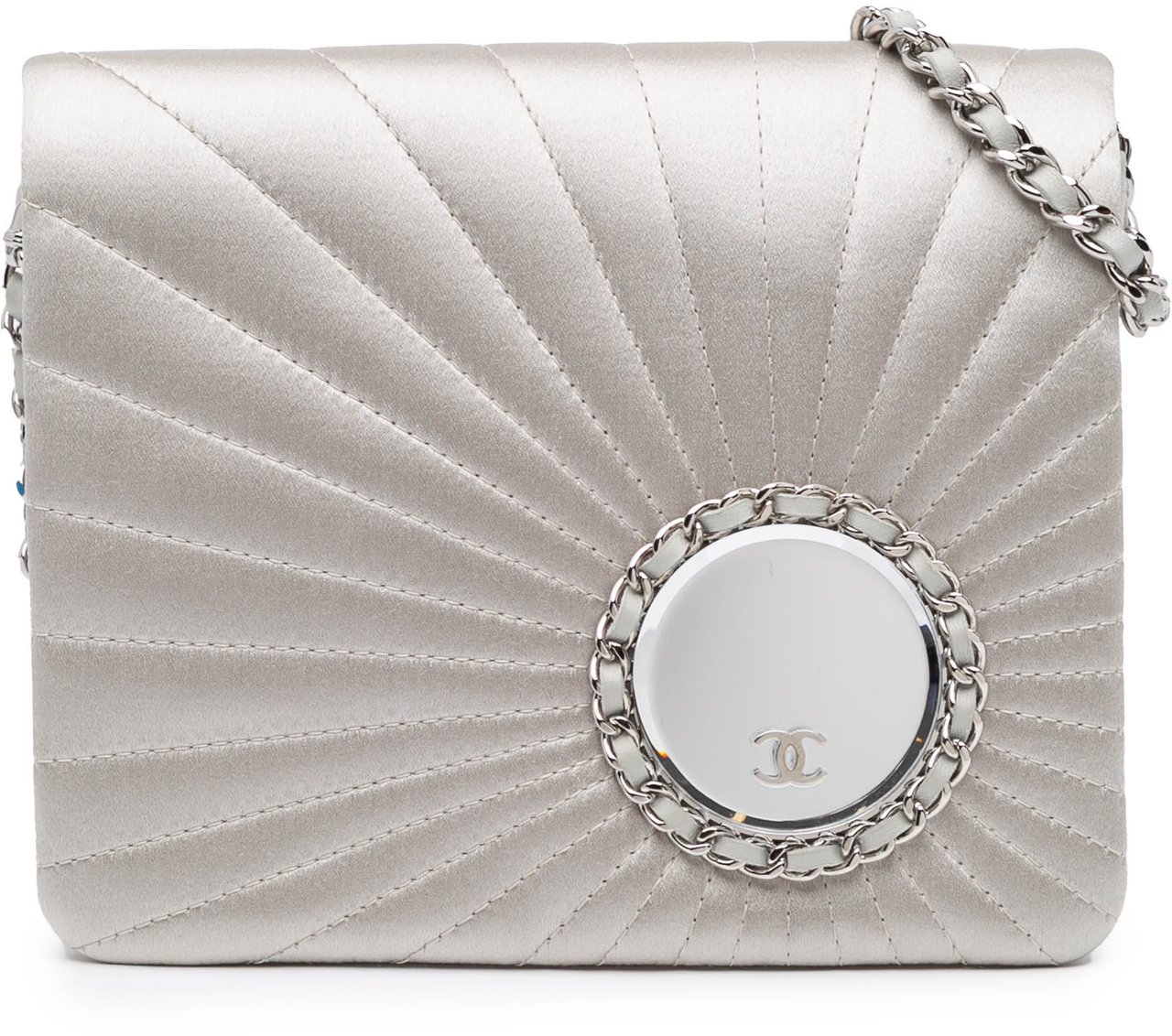 Chanel Satin Embellished Mirror Flap with Chain Zilver