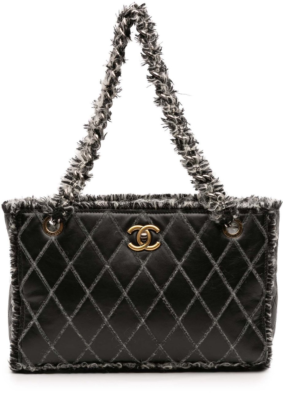 Chanel CC Quilted Calfskin Tweedy Shopping Tote Zwart