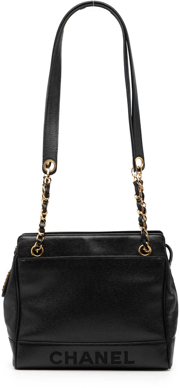 Chanel Caviar Logo Chain Shoulder Bag Zwart