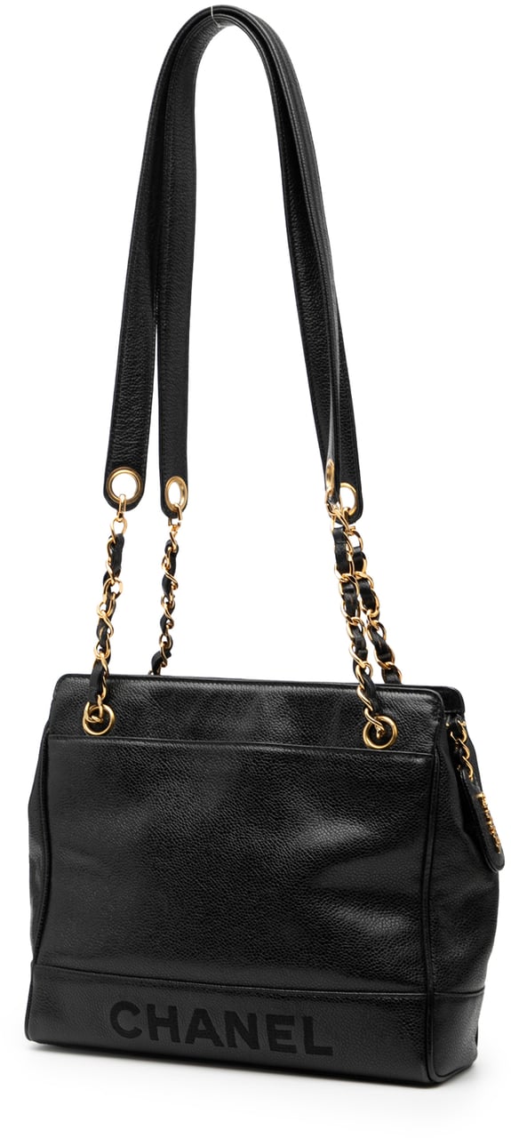 Chanel Caviar Logo Chain Shoulder Bag Zwart