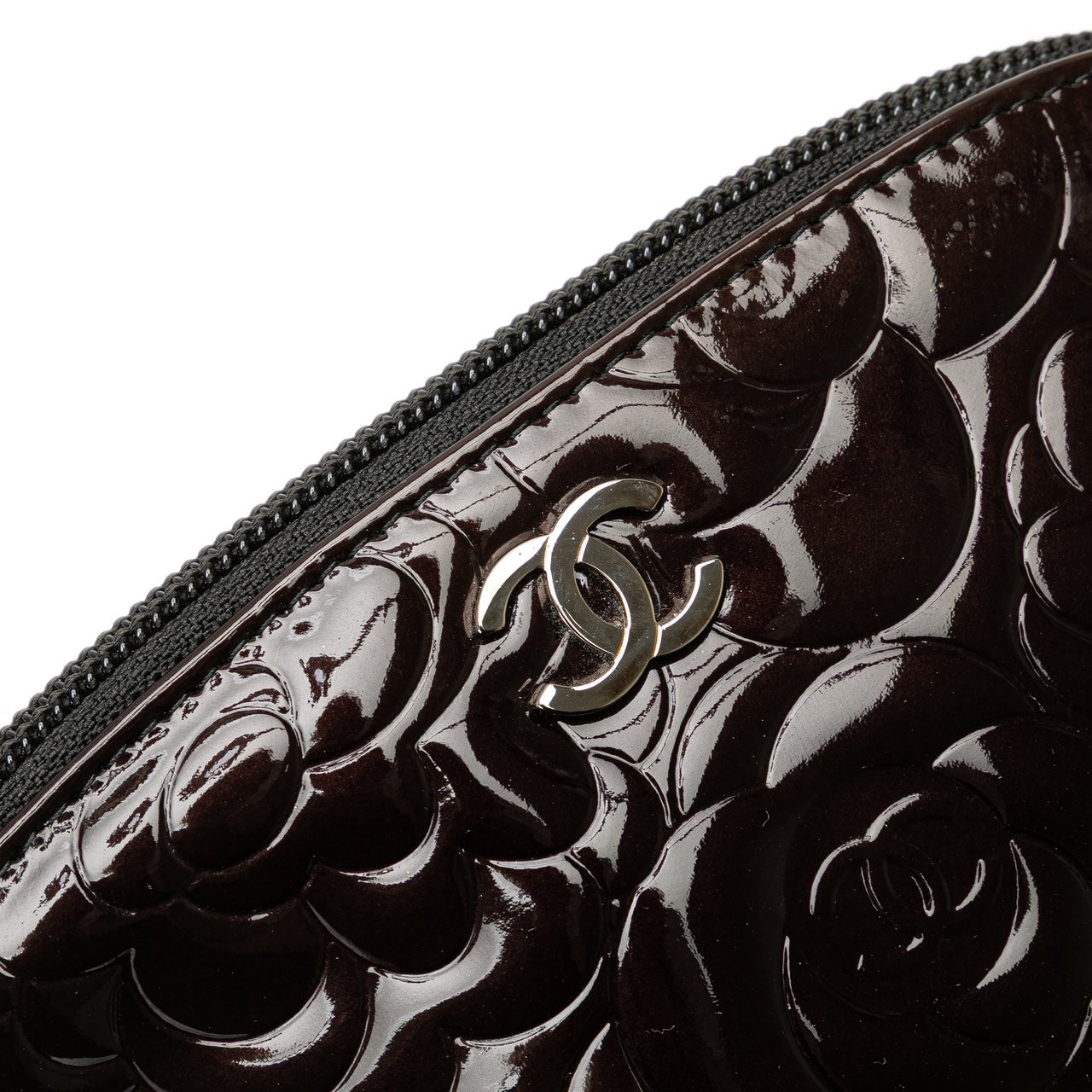 Chanel Patent Camellia Cosmetic Pouch Zwart