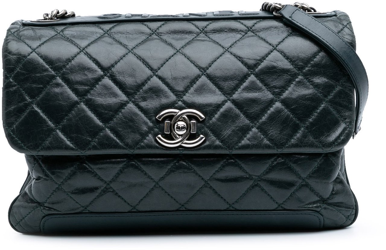 Chanel Quilted Aged Calfskin Logo Accordion Flap Groen