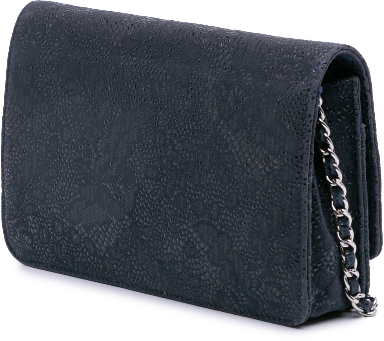 Chanel Lace Overlay Goatskin Wallet On Chain Blauw
